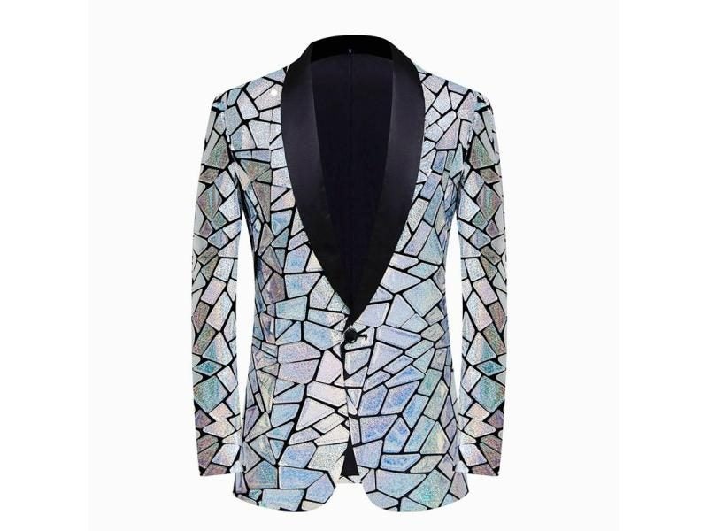 Mens Luxury Wave Striped Gold Sequin Blazer Jacket For Wedding Party Carousel 1