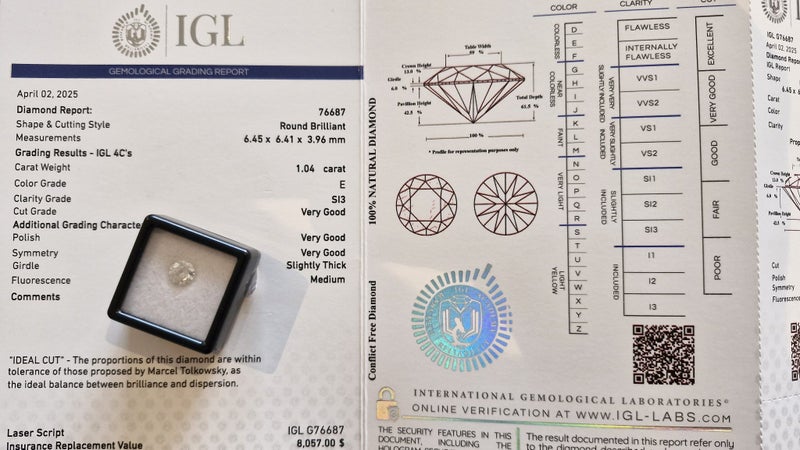 $1 RES * Valuation $13,355.00 * 1.04ct Round Large White Diamond Loose IGL CERT Carousel 2