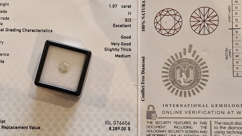 $1 RES * Valuation $13,735.00 * 1.07ct Round Large White Diamond Loose IGL CERT Carousel 2
