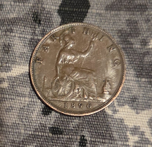 BRITISH 1890 FARTHING COIN, VICTORIA, gVF!, $1 RES Carousel 1