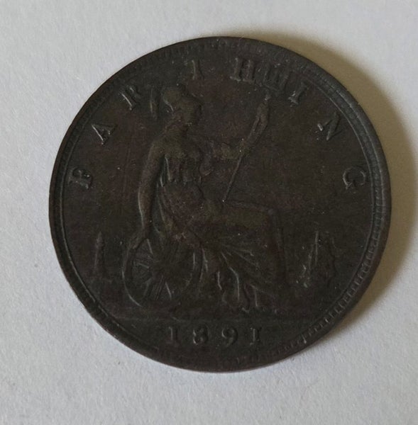 BRITISH 1891 FARTHING COIN, VICTORIA, VF!, $1 RES Carousel 2