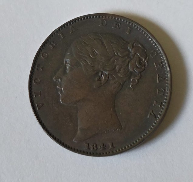 BRITISH 1841 FARTHING COIN, VICTORIA, gVF/aEF!, $1 RES Carousel 2