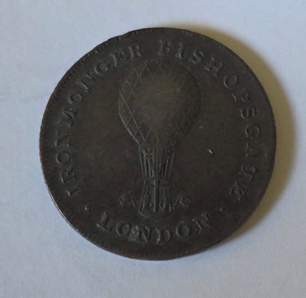 BRITISH 1825 FARTHING TOKEN, ISAAC EARLYSMAN SPARROW, HOT AIR BALLOON, $1 RES Carousel 2