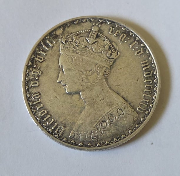 BRITISH SILVER GOTHIC FLORIN COIN 1864, VICTORIA, $1 RES! Carousel 1