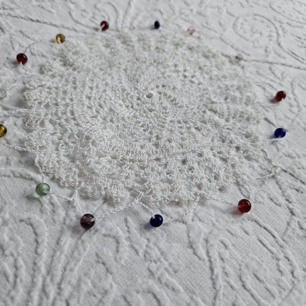 Beautiful White Crochet Glass Bead Sugar/Milk Cover #2 Carousel 2