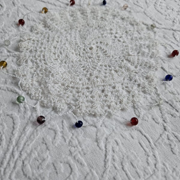 Beautiful White Crochet Glass Bead Sugar/Milk Cover #2 Carousel 1