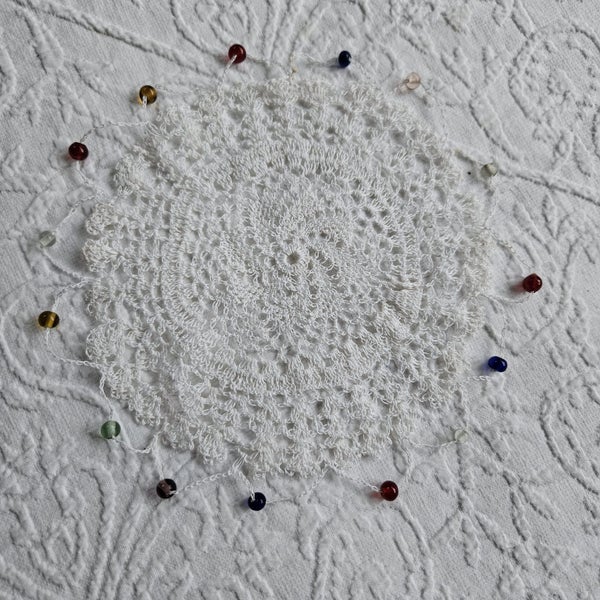 Beautiful White Crochet Glass Bead Sugar/Milk Cover #2 Carousel 4