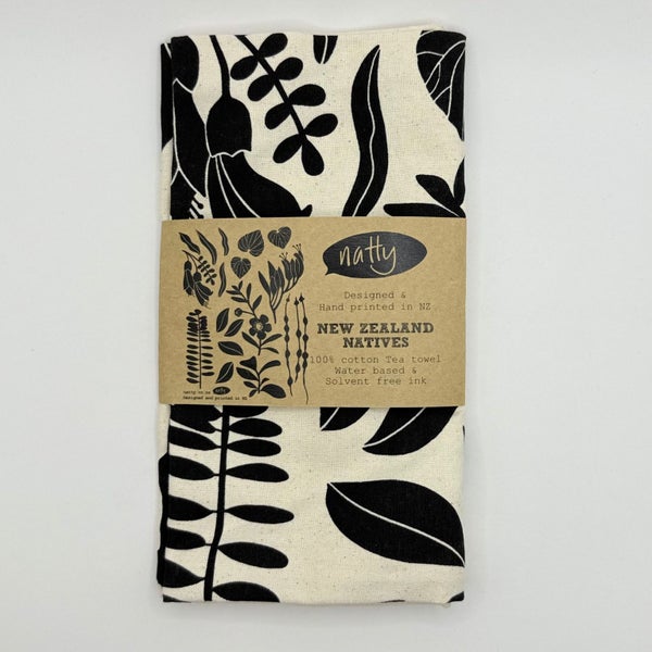 Natty New Zealand Natives 100% Cotton Tea Towel - Black and White Carousel 1