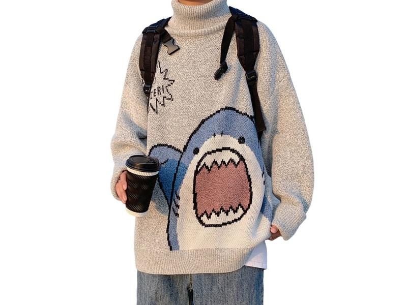 Women Men Sweater Cartoon Shark Print Round Neck All Match Long Sleeve Carousel 1