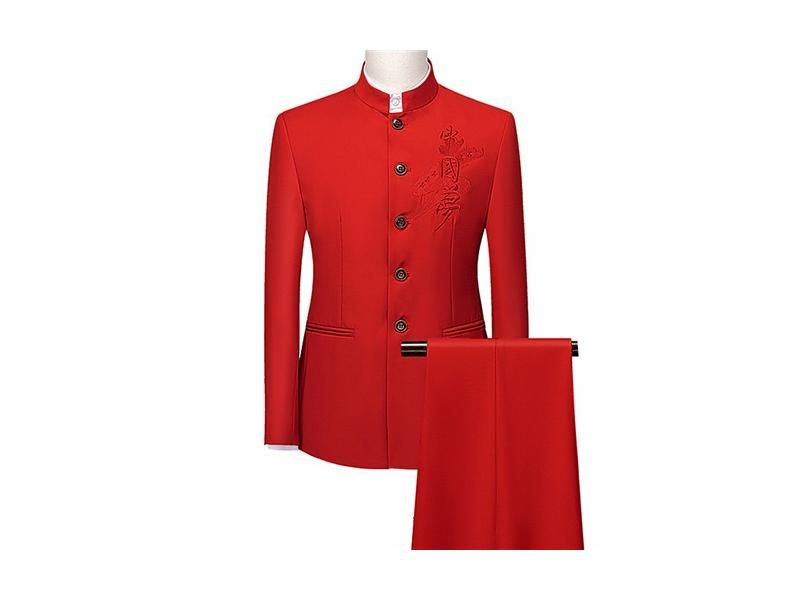 White Men's Stand Collar Chinese Style Slim Fit Two Piece Suit Set / Men Zhong Carousel 1