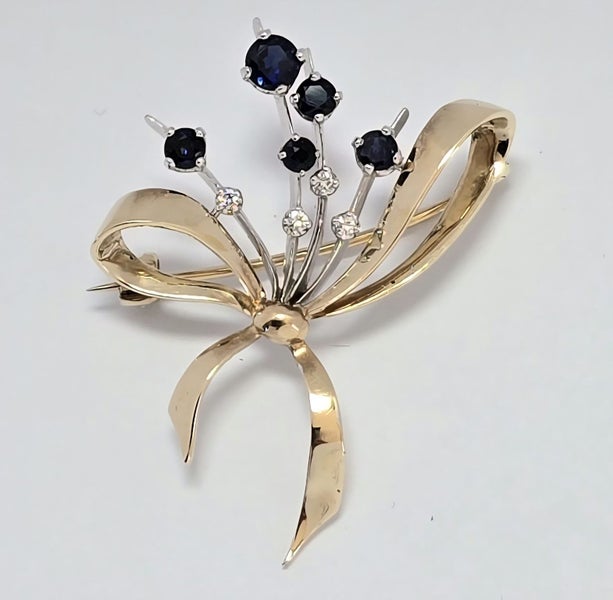 9ct Hand Finished Sapphire & Diamond Floral Brooch Carousel 1