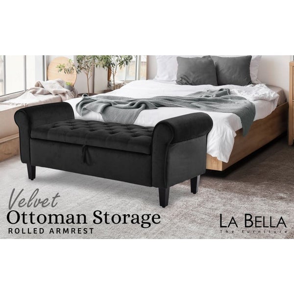 Storage Ottoman Stool Arm Bench Seat 132cm Velvet Black Carousel 2