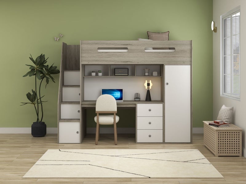 Ohio White & Grey Single Loft Bunk With Desk, Wardrobe & Shelving - SAMPLE SET Carousel 2