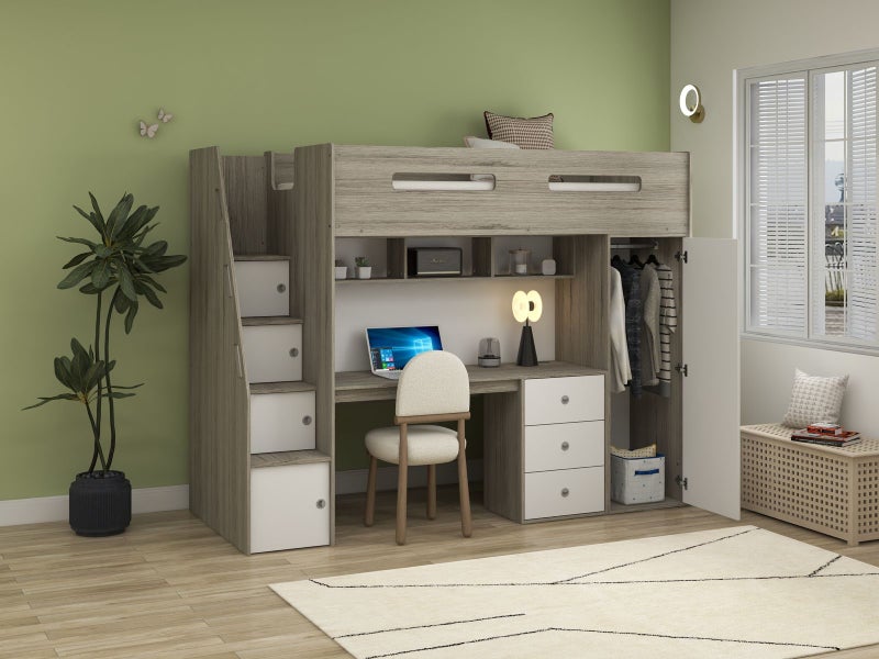 Ohio White & Grey Single Loft Bunk With Desk, Wardrobe & Shelving - SAMPLE SET Carousel 5