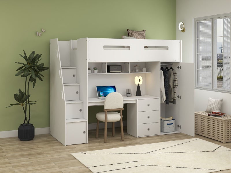Ohio White Single Loft Bunk With Desk, Wardrobe & Shelving - SAMPLE SET Carousel 5