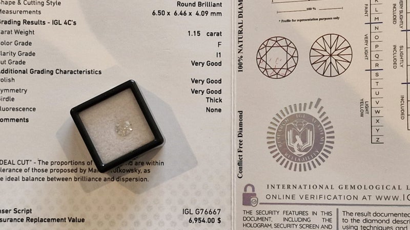 $1 RES * Valuation $11,562.00 * 1.15ct Round Large White Diamond Loose IGL CERT Carousel 1