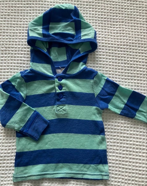 Blue & aqua striped hooded merino jumper by Teeny Weeny, size 0062863864576898116