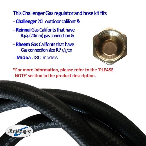 Gas Regulator & Hose Kit -Suits Midea, Rheem, Rennai various Califont models Carousel 3