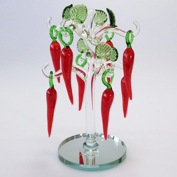 Shaped Glass Red Chilli Pepper Tree - Clear Trunk & Mirrored Base63613505639297112