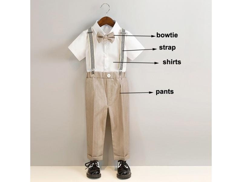 Children's Khaki Striped Suit Set Boy's Suspenders Long Shorts Vest Shirt Carousel 1