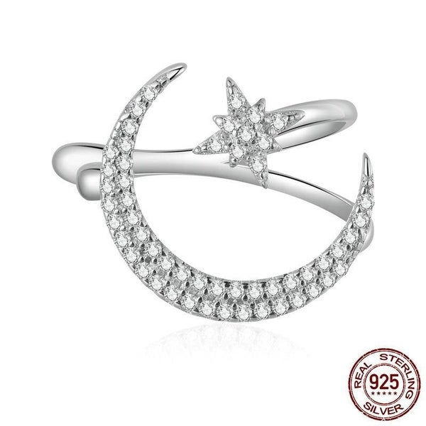 925 Sterling Silver 1PC Star and Moon Ear Cuff Pave Setting CZ Shiny Ear Clip... Carousel 1