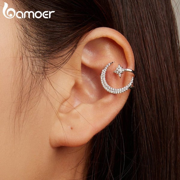 925 Sterling Silver 1PC Star and Moon Ear Cuff Pave Setting CZ Shiny Ear Clip... Carousel 2