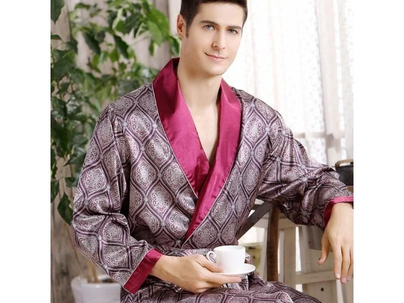 Men Silk Long-sleeved Big Size 5XL Bathrobe Geometric Print V-neck Satin Carousel 1