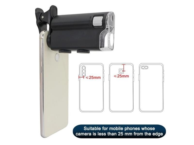 60X/100X Mobile Phone Microscope Cell Phone Clip Magnifying Glass LED UV Light Carousel 1