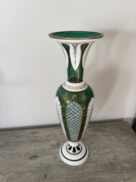 Vintage Bohemian Gilt White Overlay Green Uranium Glass Vase Large62865828726147116