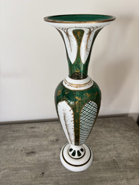 Vintage Bohemian Gilt White Overlay Green Uranium Glass Vase Large62865828726147111