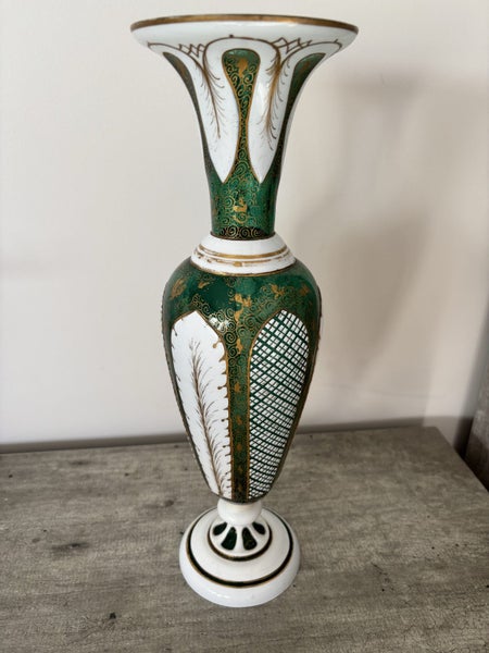 Vintage Bohemian Gilt White Overlay Green Uranium Glass Vase Large62865828726147112