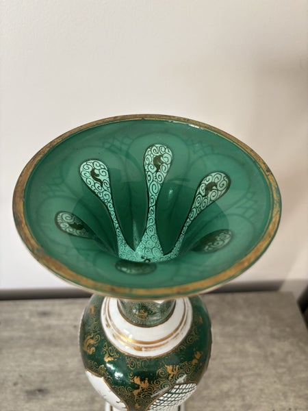 Vintage Bohemian Gilt White Overlay Green Uranium Glass Vase Large62865828726147114
