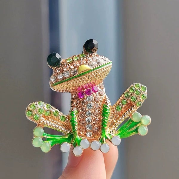 Playful Gold-Tone Frog Brooch with Colorful Rhinestone Accents Carousel 1