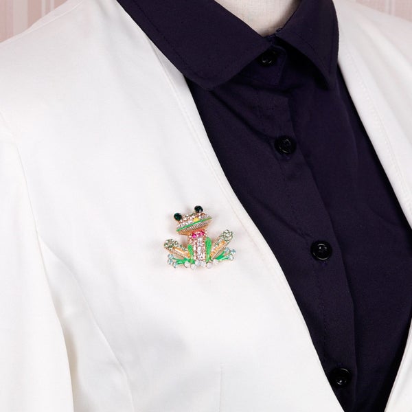 Playful Gold-Tone Frog Brooch with Colorful Rhinestone Accents Carousel 6