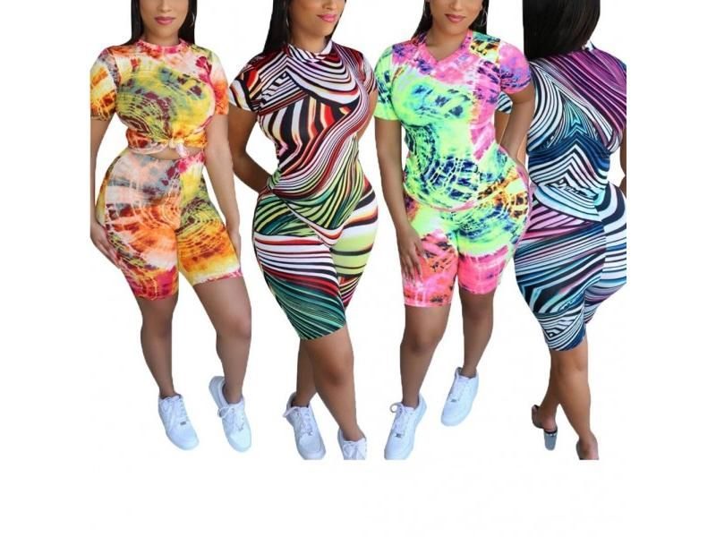 Women Tie Dye Casual Two-pieces Sportswear Female Fashion Short Sleeve Shorts Carousel 2