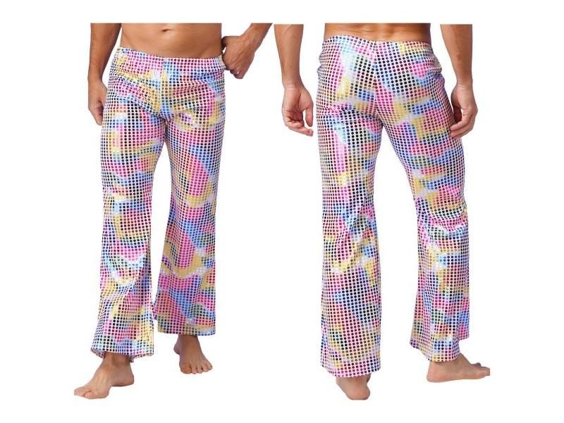 70s Disco Mens Stage Performance Bell Bottom Pants With Elastic Waist Shiny Carousel 1