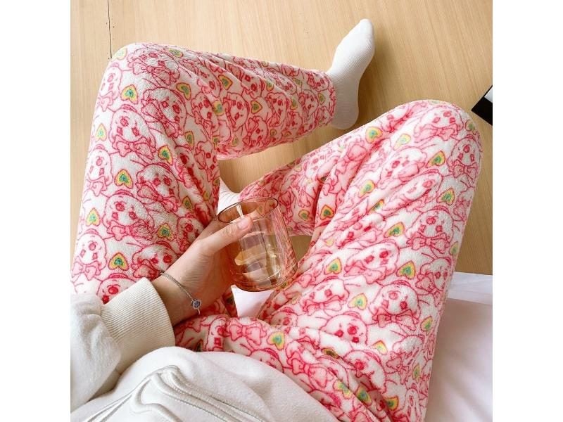 Kawaii Cartoon Pajamas Pants Y2K Anime Coral Velvet Warm Soft Trousers Cute Carousel 1