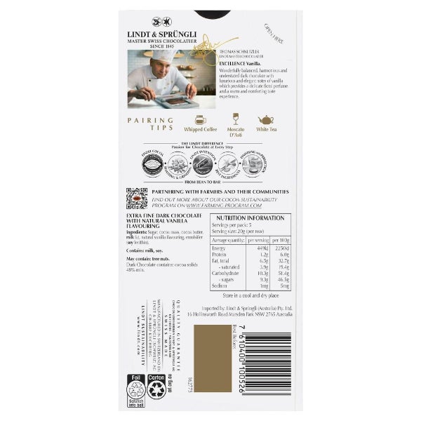 Lindt Excellence Vanilla Dark Chocolate Block 100g Carousel 2