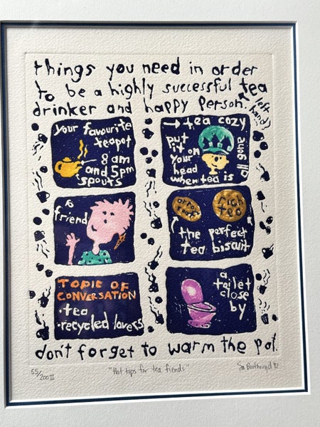Vintage 1992 Sa Boothroyd Framed Handmade Block Print "Hot Tips For Tea Friends" Carousel 2