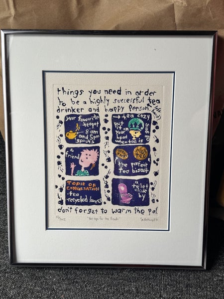 Vintage 1992 Sa Boothroyd Framed Handmade Block Print "Hot Tips For Tea Friends" Carousel 1