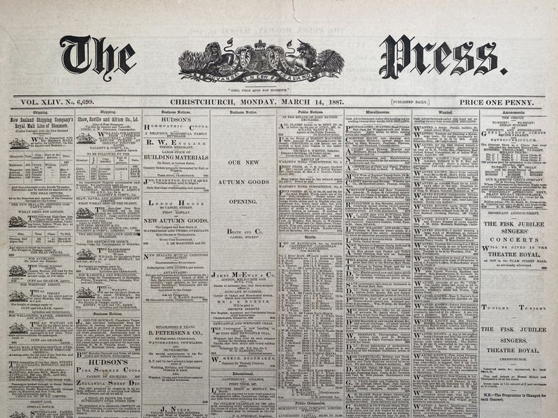 OLD NEWSPAPER: The Press, Christchurch - Monday, 14 March 1887 Carousel 1