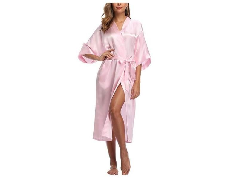 High Quality Black Women Faux Silk Rayon Robe Sexy Long Lingerie Sleepwear Carousel 1