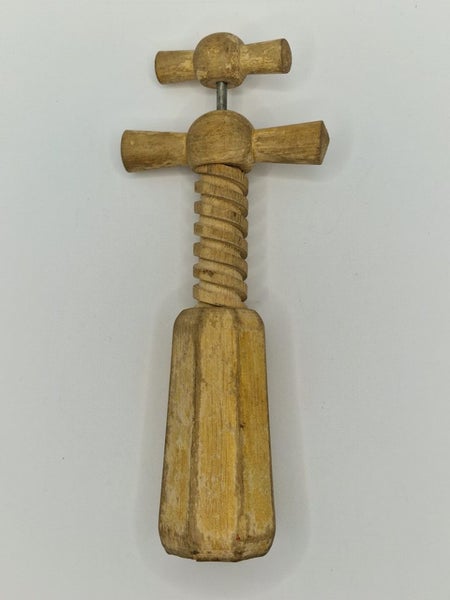 Antique Wooden Corkscrew – Rustic Farmhouse Wine Opener Metal Worm Carousel 1
