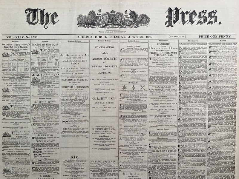 OLD NEWSPAPER: The Press, Christchurch - Tuesday, 28 June 1887 Carousel 1