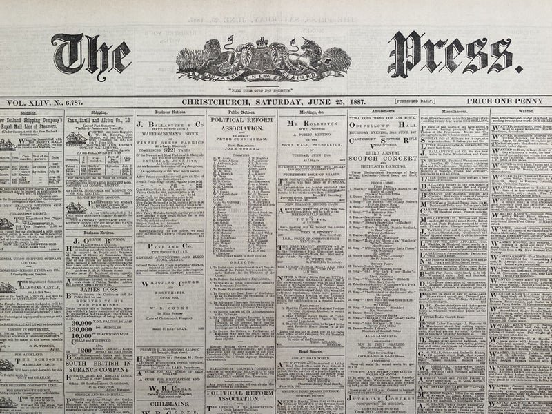OLD NEWSPAPER: The Press, Christchurch - Saturday, 25 June 1887 Carousel 1