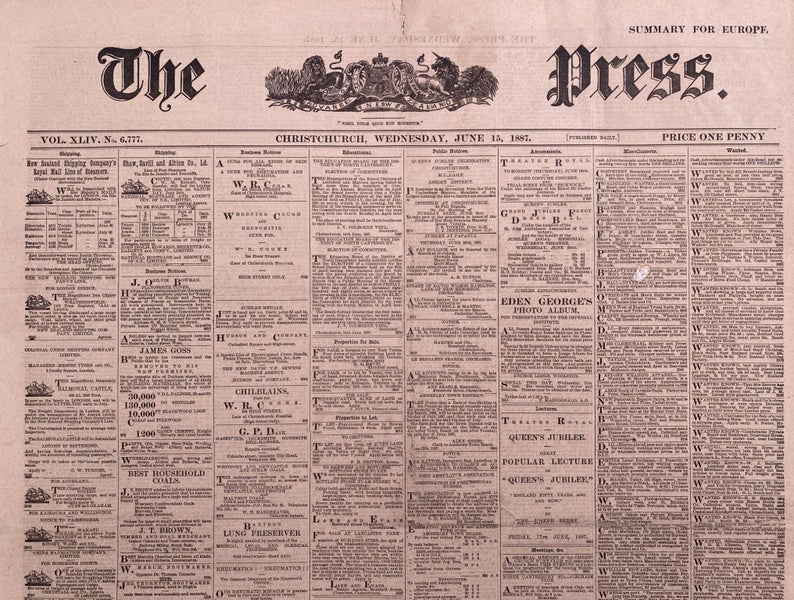 OLD NEWSPAPER: The Press, Christchurch - Wednesday, 15 June 1887 Carousel 1