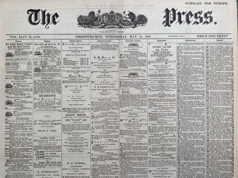 OLD NEWSPAPER: The Press, Christchurch - Wednesday, 18 May 1887 Carousel 1