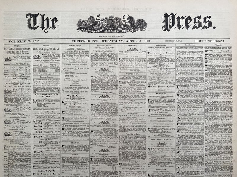 OLD NEWSPAPER: The Press, Christchurch - Wednesday, 27 April 1887 Carousel 1