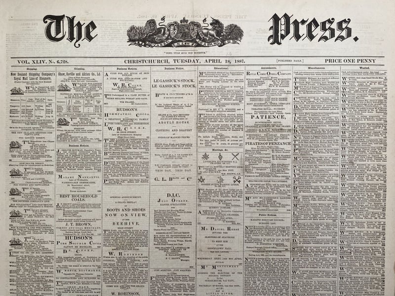 OLD NEWSPAPER: The Press, Christchurch - Tuesday, 19 April 1887 Carousel 1