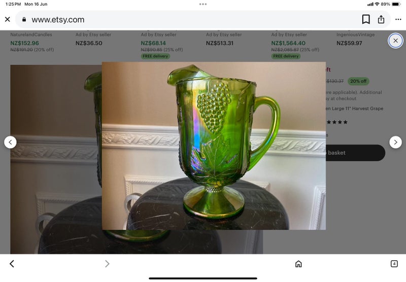 Vintage Indiana Glass Green Large Harvest Grape Carnival Glass Pitcher62939540508162111